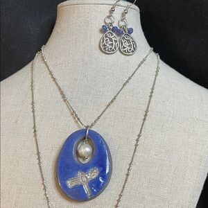 Handmade Dragonfly Clay Pendant Necklace and Earring Set with Real Pearl
